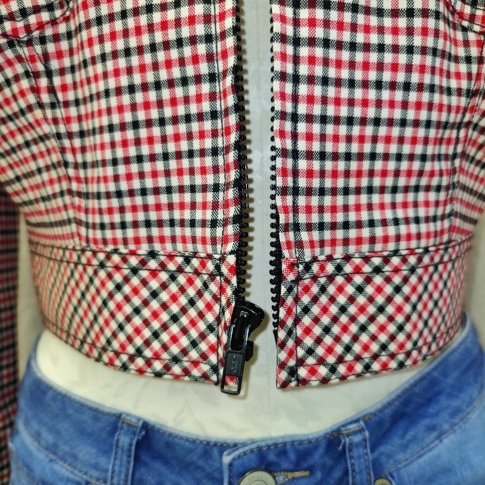 Georgiou Studio Red Black White Check Pattern Cropped Jacket - Size 4 - Picture 4 of 11